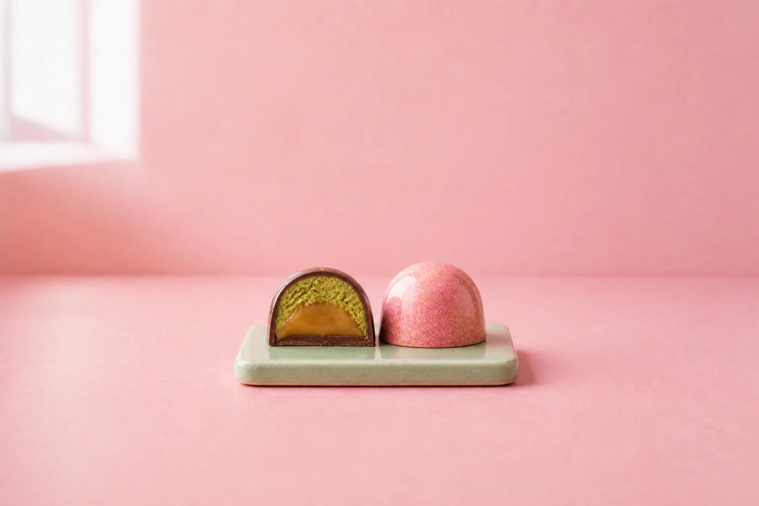 A painted bonbon cut in half: a thin dark shell, pistachio praline, a caramel middle and a flat cap.