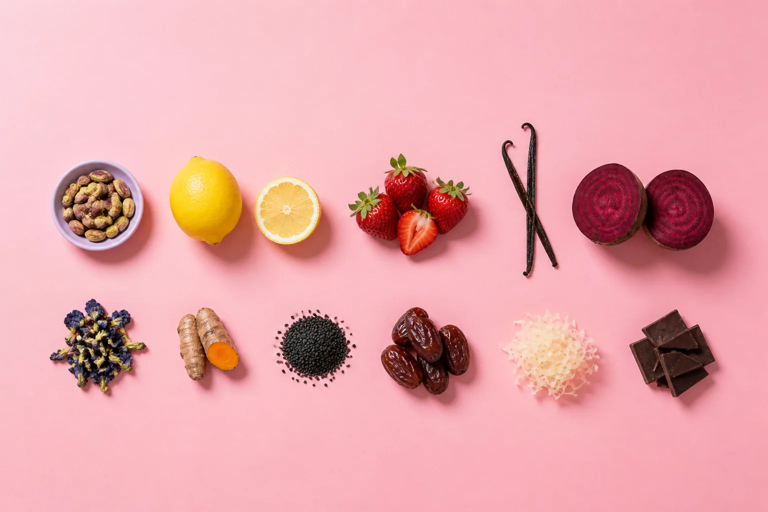 What goes in, from above: pistachios, lemons, strawberries, a vanilla bean, a cut beetroot, butterfly pea flowers, turmeric, sesame, dates and agar.