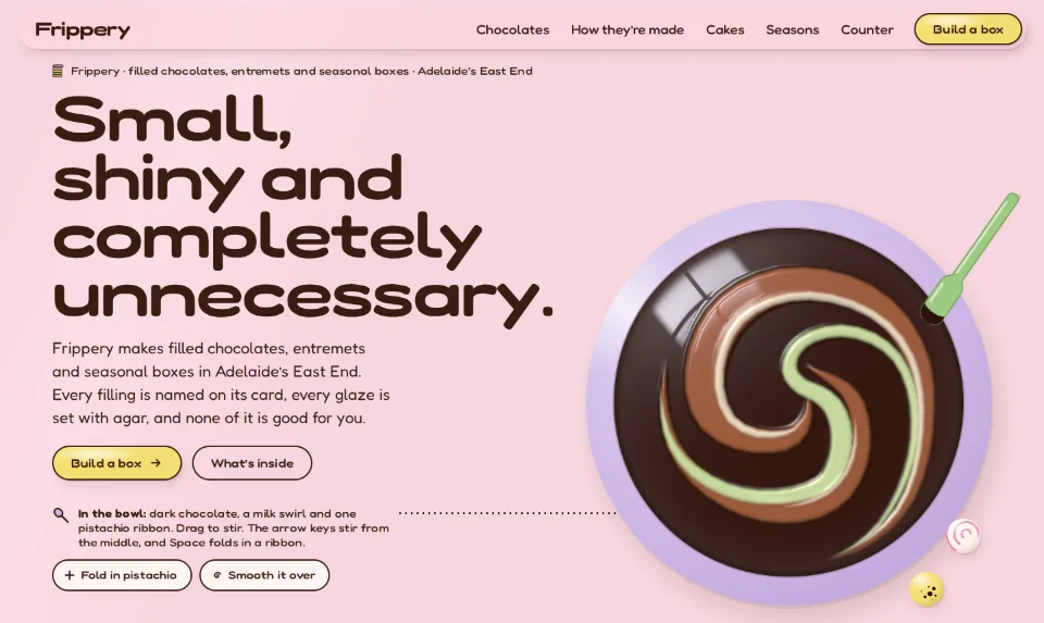 Frippery’s front page: a lilac bowl of glossy stirred chocolate on strawberry-milk pink, the headline stepping down beside it in a round, bouncy face