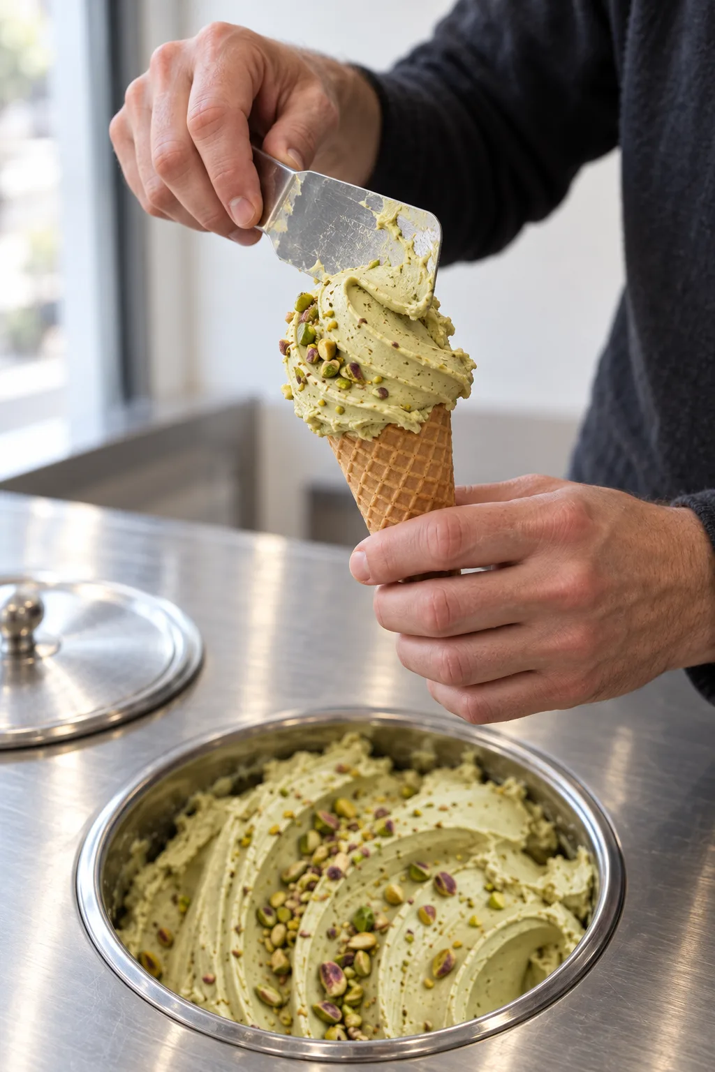 Hands pressing pistachio gelato onto a waffle cone with a flat steel spatula above an open well.