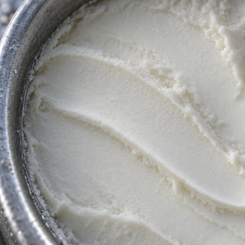 Freshly churned gelato, smooth and matte, with one soft ridge from the spatula.