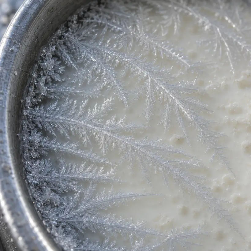 Long feathery ice crystals branching across a pale cream mix from the cold steel rim.