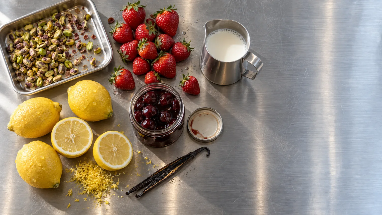 This week’s delivery on the steel bench: roasted pistachios, lemons and zest, strawberries, a jar of sour cherries in syrup, a split vanilla bean and a jug of milk.
