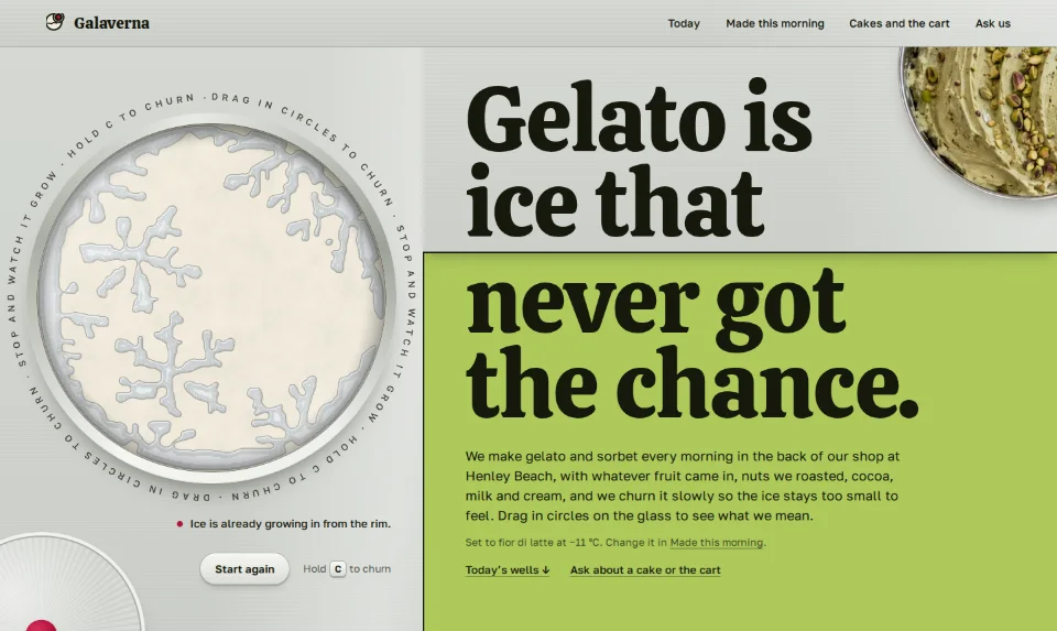 The front page: a round steel well of freezing gelato mix set into a brushed steel counter, a large soft serif headline running off the counter's edge onto pistachio green