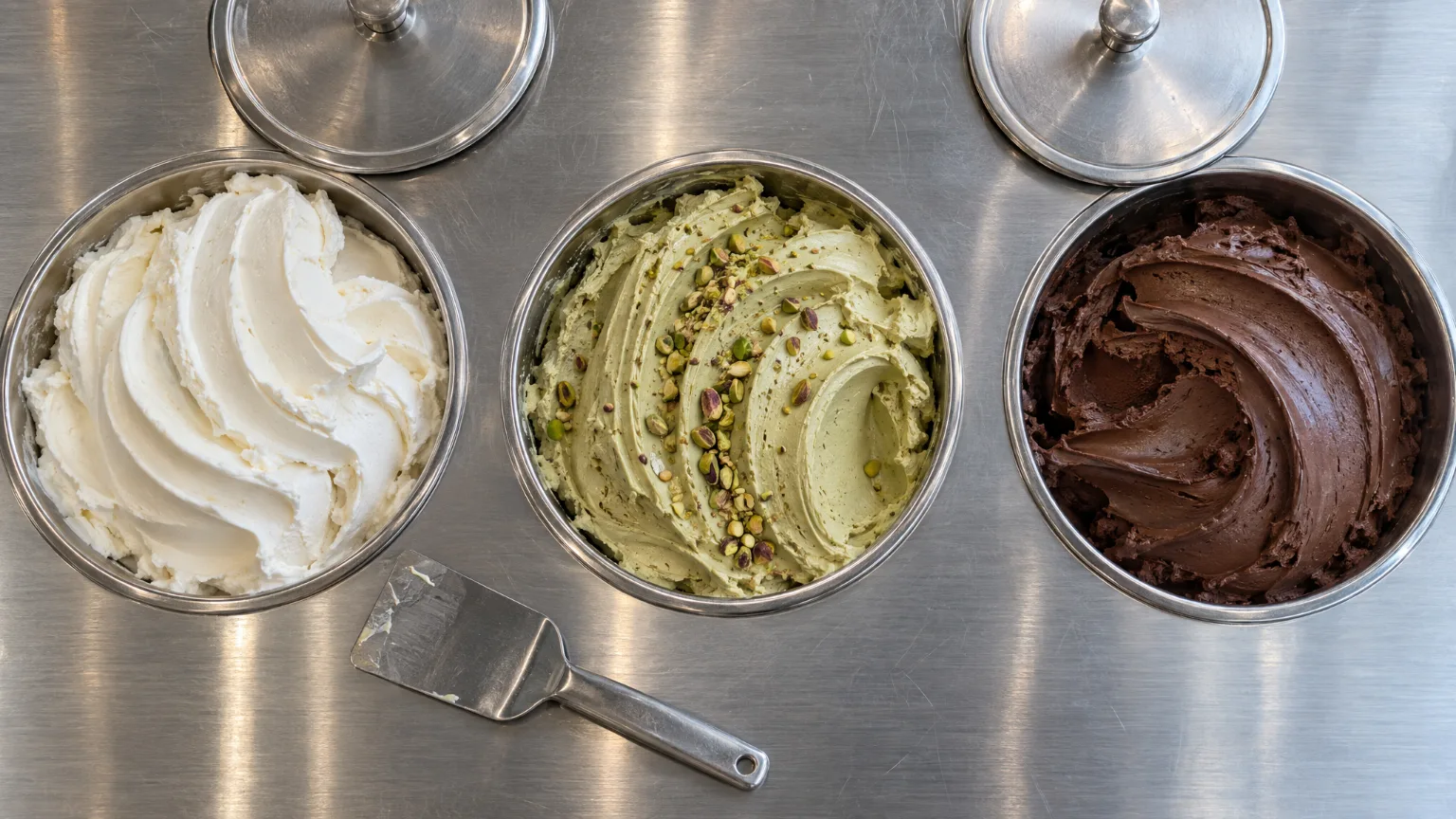 Fior di latte gelato in a round steel well, milk white and sculpted into deep curving ridges.