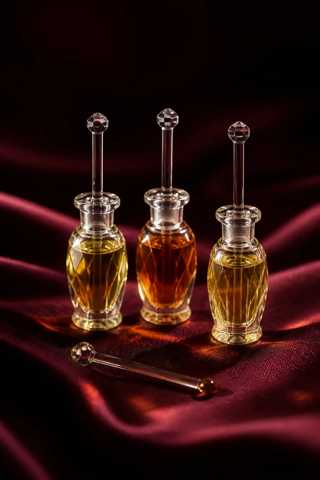 Three small cut-glass vials of golden perfume oil on oxblood silk, a glass dauber lifted with a bead of oil.