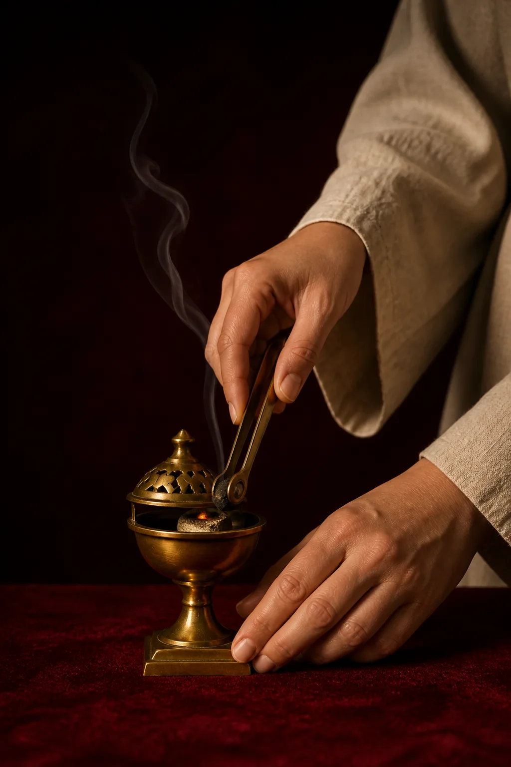 Hands in long ivory sleeves laying a piece of bakhoor on the coal in a brass burner with small tongs.