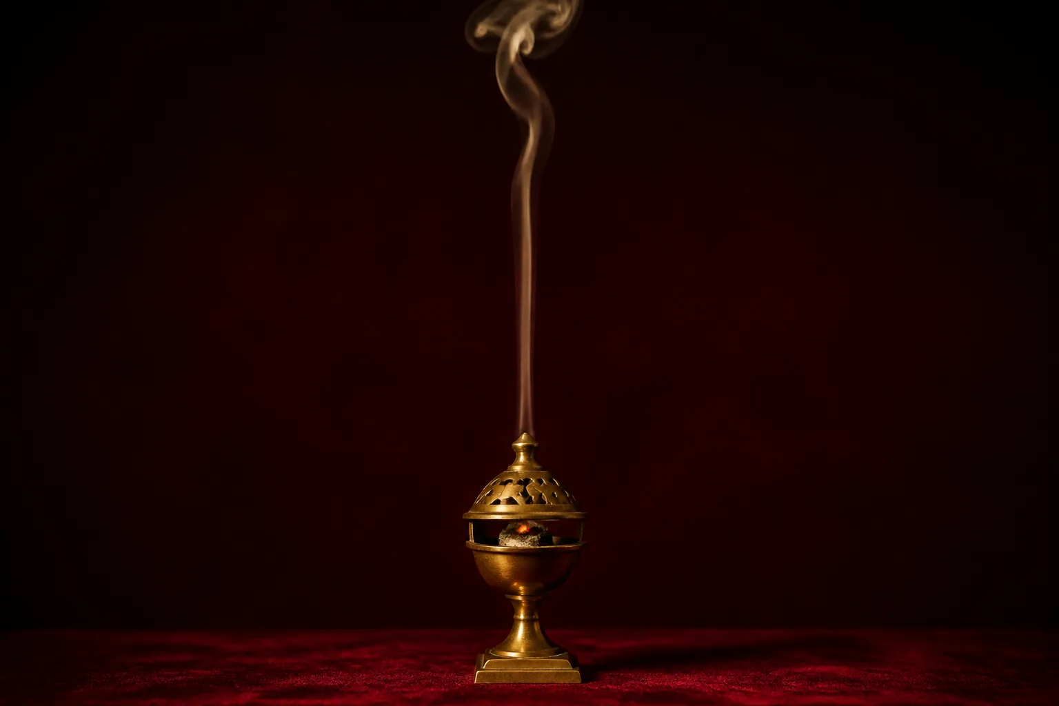 A brass mabkhara on an oxblood table, bakhoor smouldering in its cup and a thread of smoke rising.