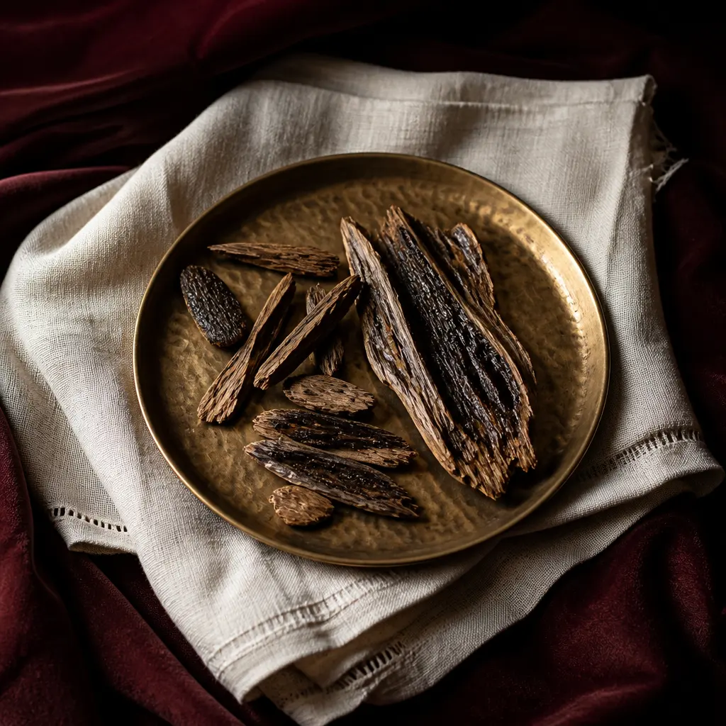Pieces of oud wood on a brass tray, pale wood streaked with dark resin, one split to show the grain.