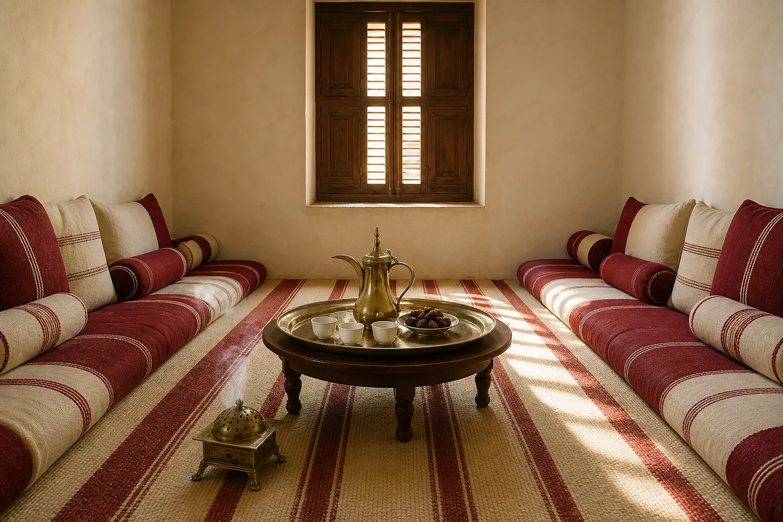 An empty sitting room laid for guests: two rows of oxblood cushions facing a brass tray of coffee, cups and dates.