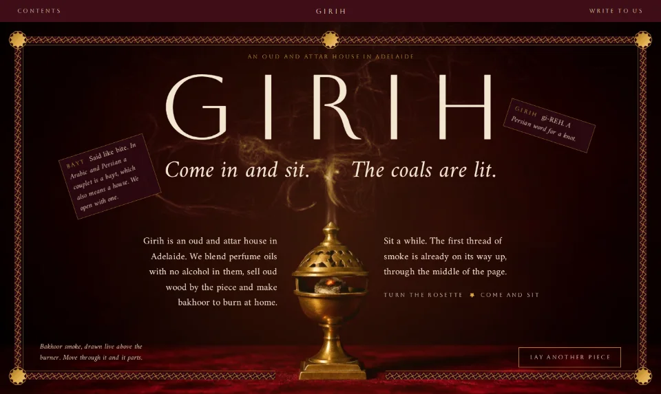 Girih's front page: bakhoor smoke rising between two halves of a couplet, the name in wide engraved capitals on oxblood