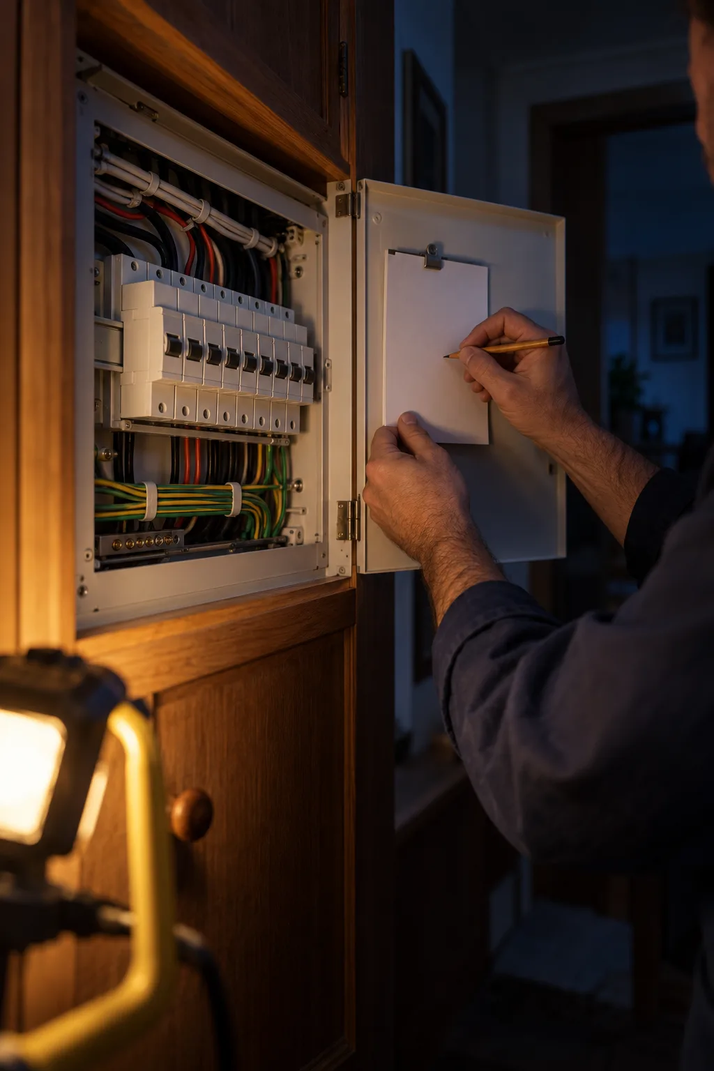 An electrician's hands with a pencil over a blank circuit card, beside a row of new breakers in a hallway cupboard lit by a work lamp
