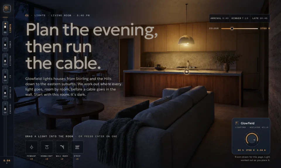 The front page: a living room at night, near-dark, with warm lights placed in it and a small dimmer plate in the corner