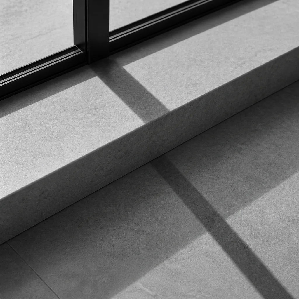 Stone sill, stone floor and a dark window frame, crossed by one hard line of mullion shadow.