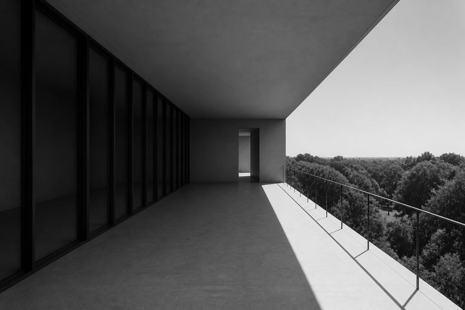 A balcony at summer noon: the slab above shades it all but a strip of sun by the rail, and the glass stays in shade.