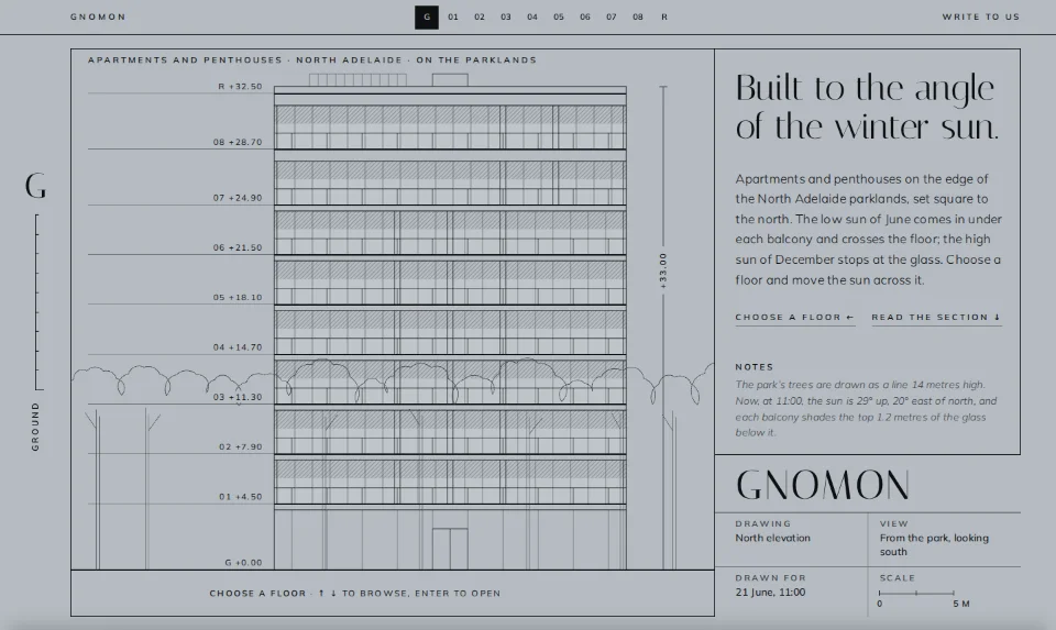Gnomon's front page: an architect's drawing sheet on cool silver grey, the north elevation of an eight-level building in black ink with hatched shade under each balcony, and the name in the title block