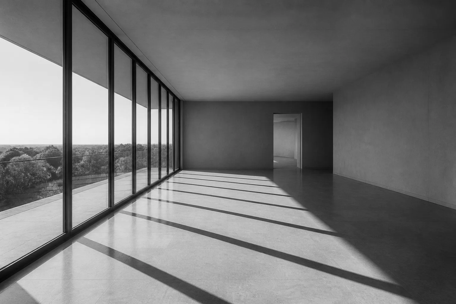 An empty room in midwinter: long shapes of sun, split by mullion shadows, reaching across a pale stone floor.