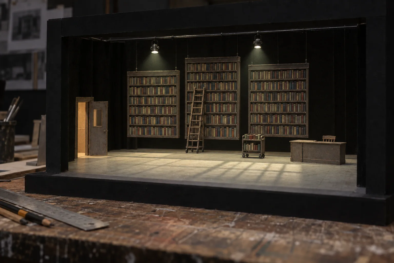 The set model for Open Till Friday: three bookcases hanging at different heights over a ladder and a returns trolley