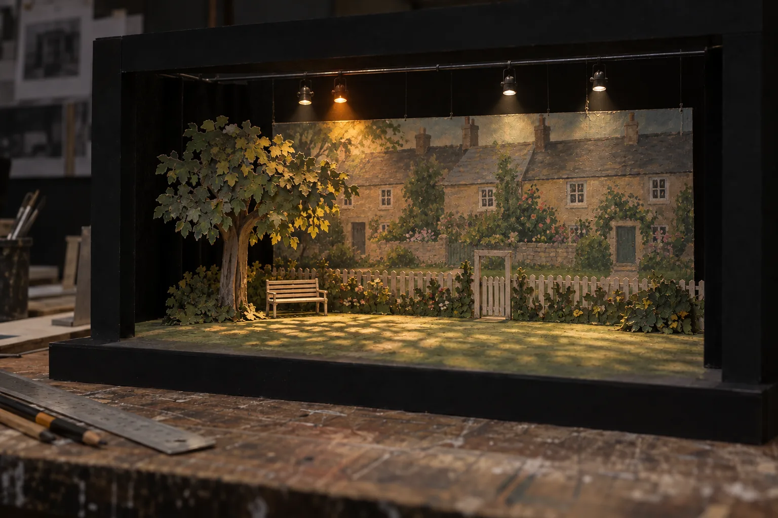 The set model for Mrs Pellew's Garden: a card tree, a bench and a gate in a fence, cottages painted on the cloth behind