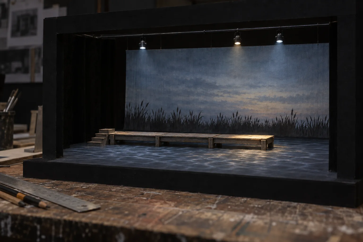 The set model for Low Water: steps down to a jetty, a strip of cut-card reeds along the foot of a dawn sky cloth