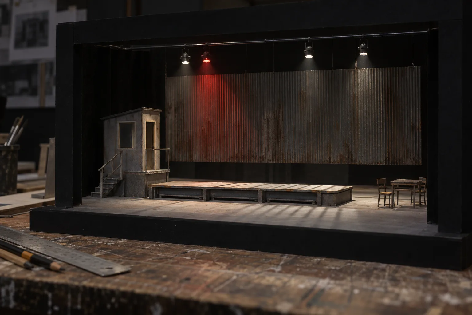 The set model for Weighbridge in its black box: a booth on a rostrum, a corrugated wall flown behind, lit hard white and red