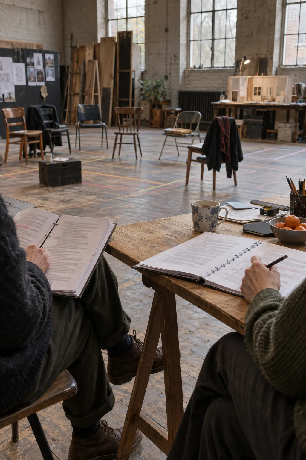 Scripts, pencils and tea on a rehearsal table, hands marking a script, the set taped out on the floor beyond