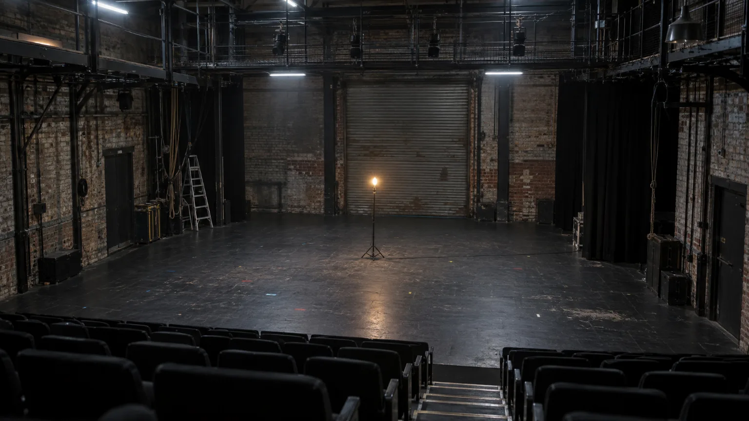 The empty stage in the old workshop under working light, one bulb on a stand at centre, steel grid overhead