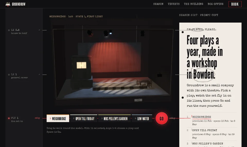 The front page: a set model lit in a black box beside a typed page of the season's dates