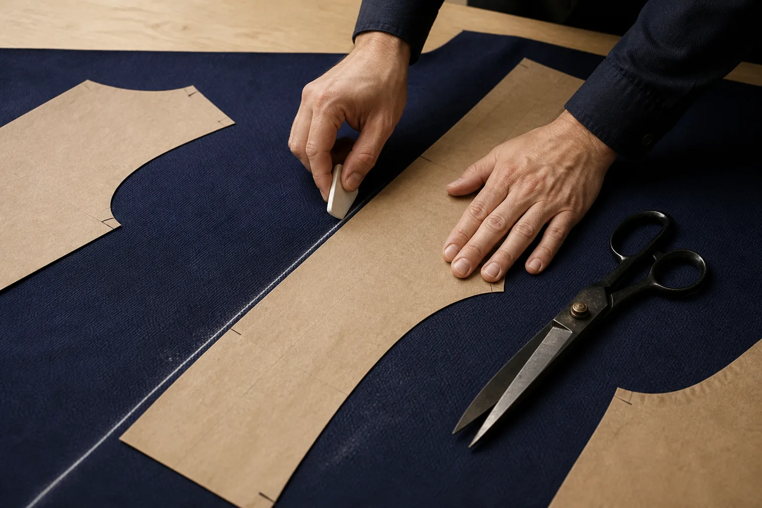 From above: a cutter’s hands chalk the edge of a brown-paper pattern on navy cloth, shears open beside them.