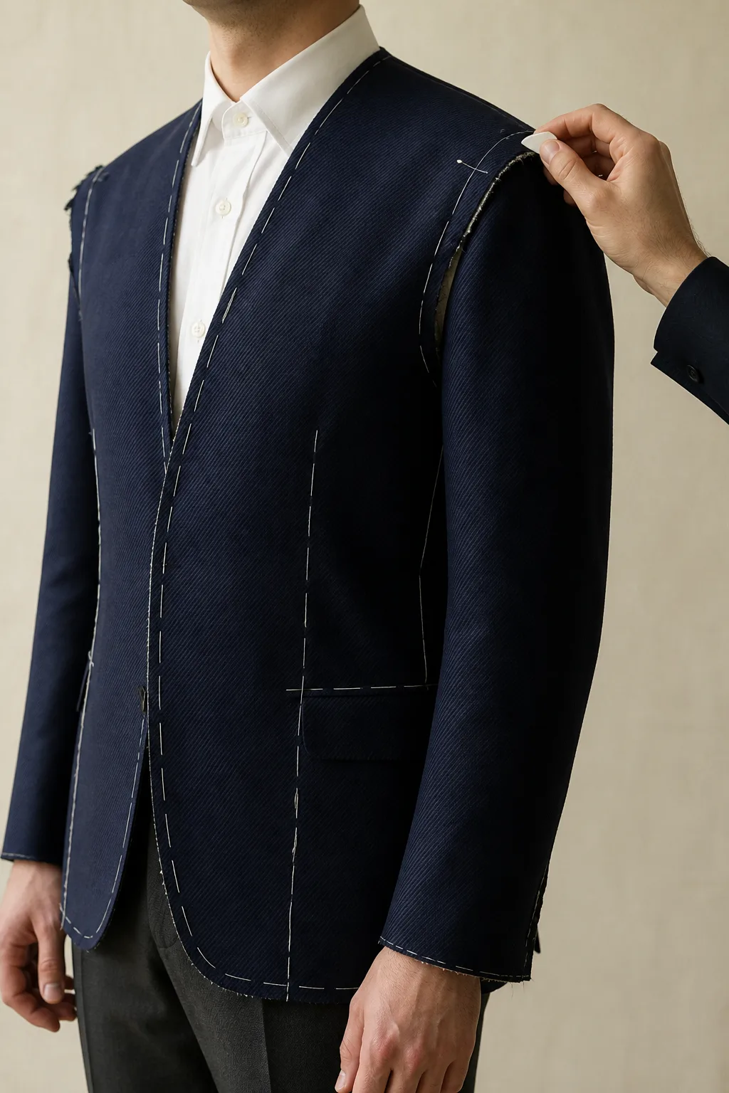 At a first fitting: a navy jacket held in white basting thread, the tailor chalking its shoulder.