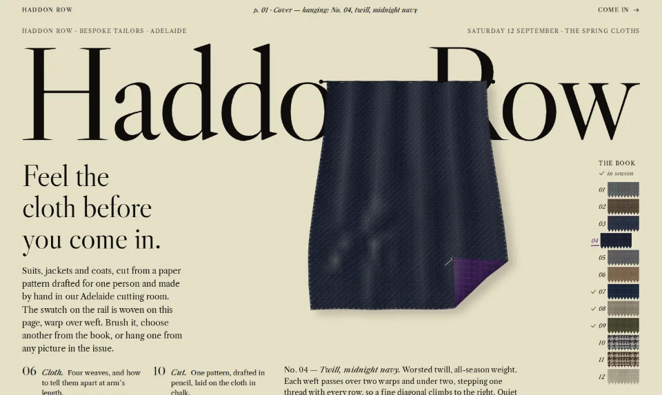 Haddon Row's front page: a navy swatch, one corner pinned back to violet, hangs before the name set huge in Caslon