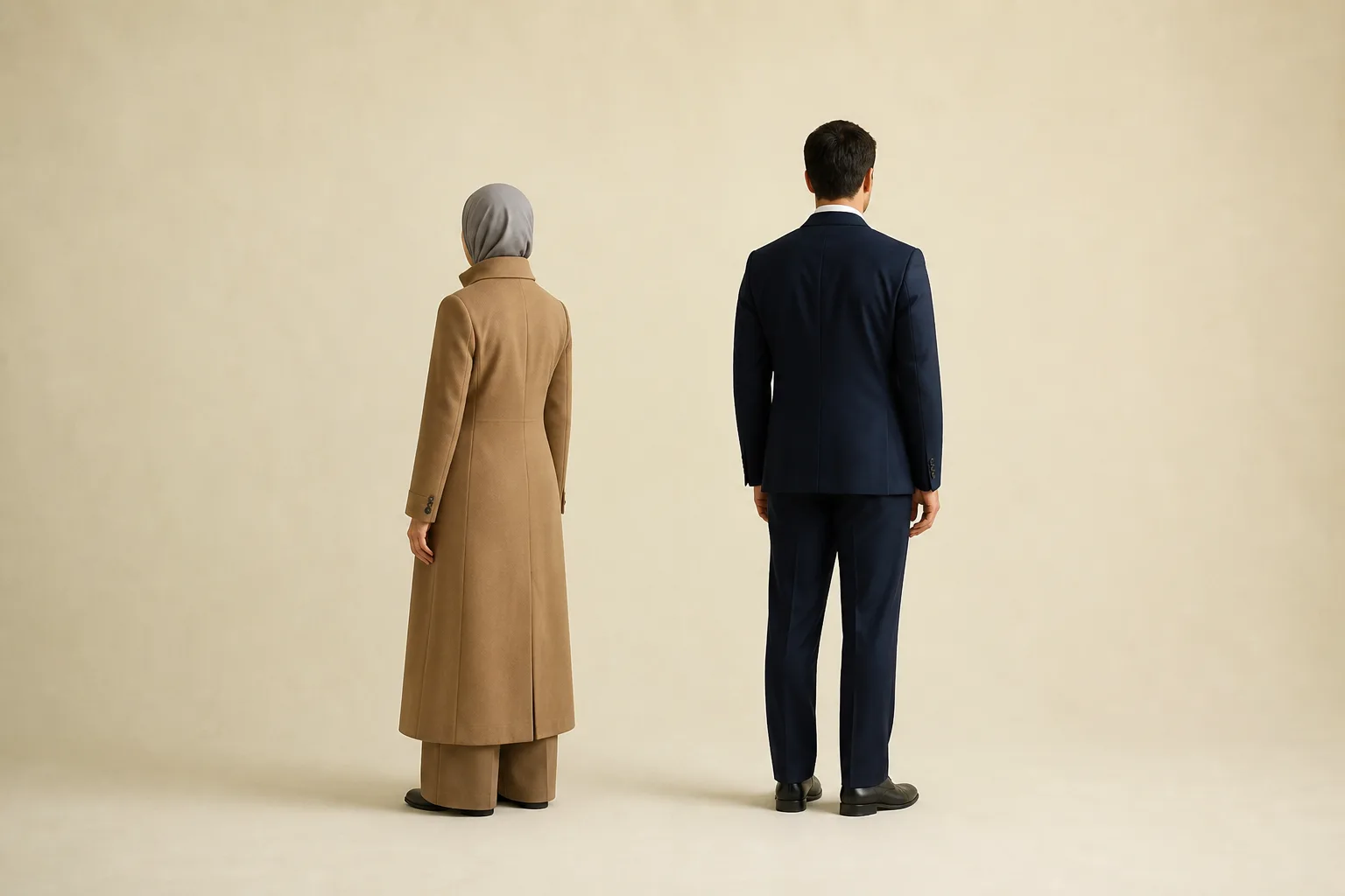 Seen from behind: a woman in an ankle-length camel overcoat and a grey headscarf, and a man in a navy suit, stand apart on a calico sweep.