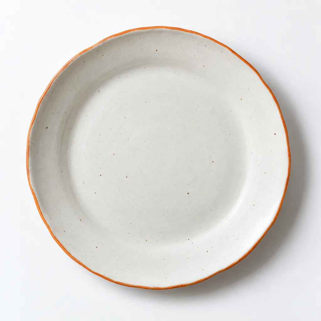 A white stoneware dinner plate with a thin orange line around its rim, seen from above.
