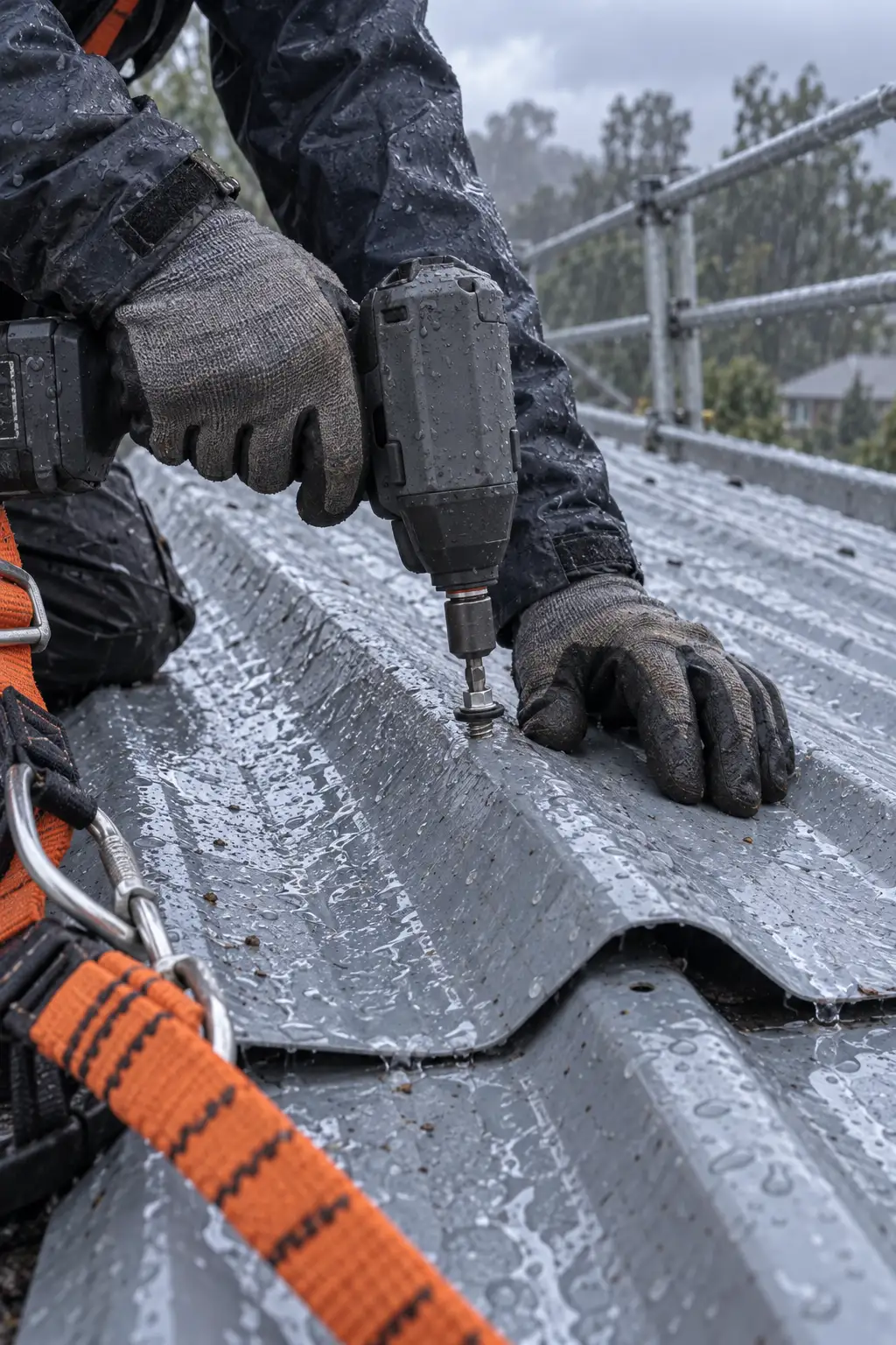 Gloved hands driving a screw through the crest where two steel sheets lap, a harness lanyard and an edge rail in view.