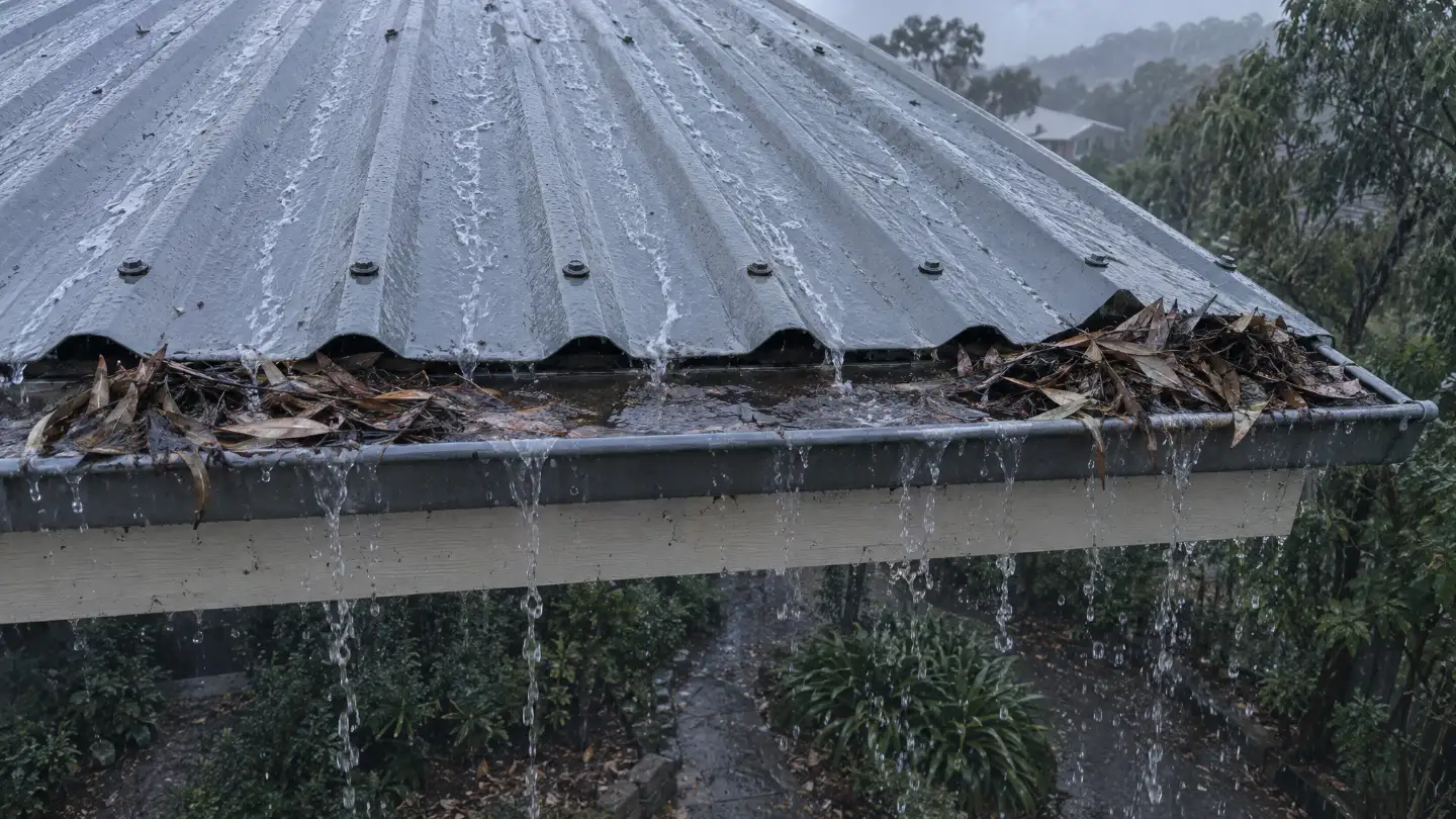 Rain running down the pans of a corrugated roof into a gutter full of gum leaves, water spilling over the fascia.