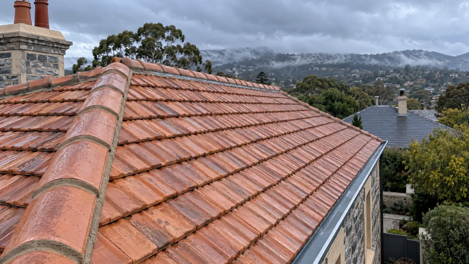 A re-laid terracotta roof with new pointing on the ridge, wet after rain, the Hills face in cloud behind.