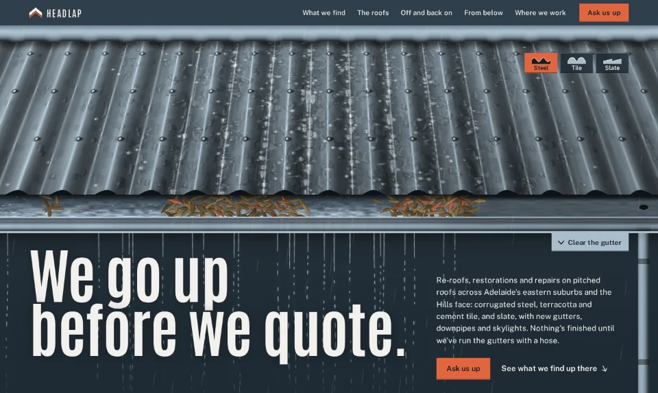 The front page: rain running down a corrugated roof into a full gutter, the headline hung under the eave