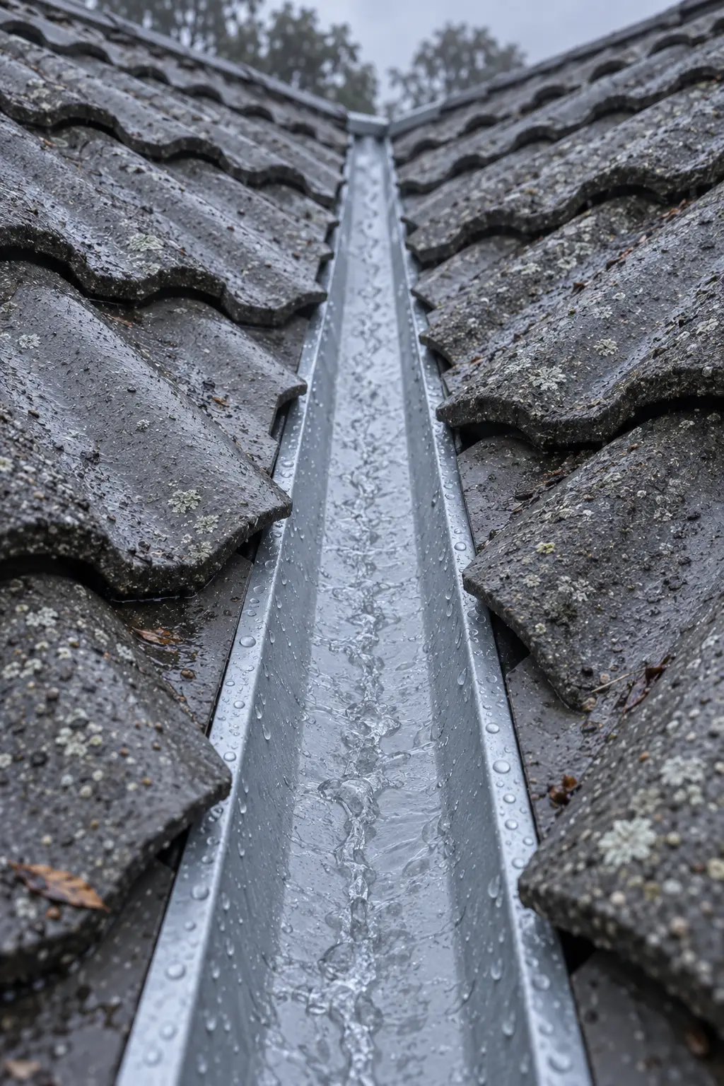 A new steel valley running between two cement tile roof slopes, rain tracking down its centre.