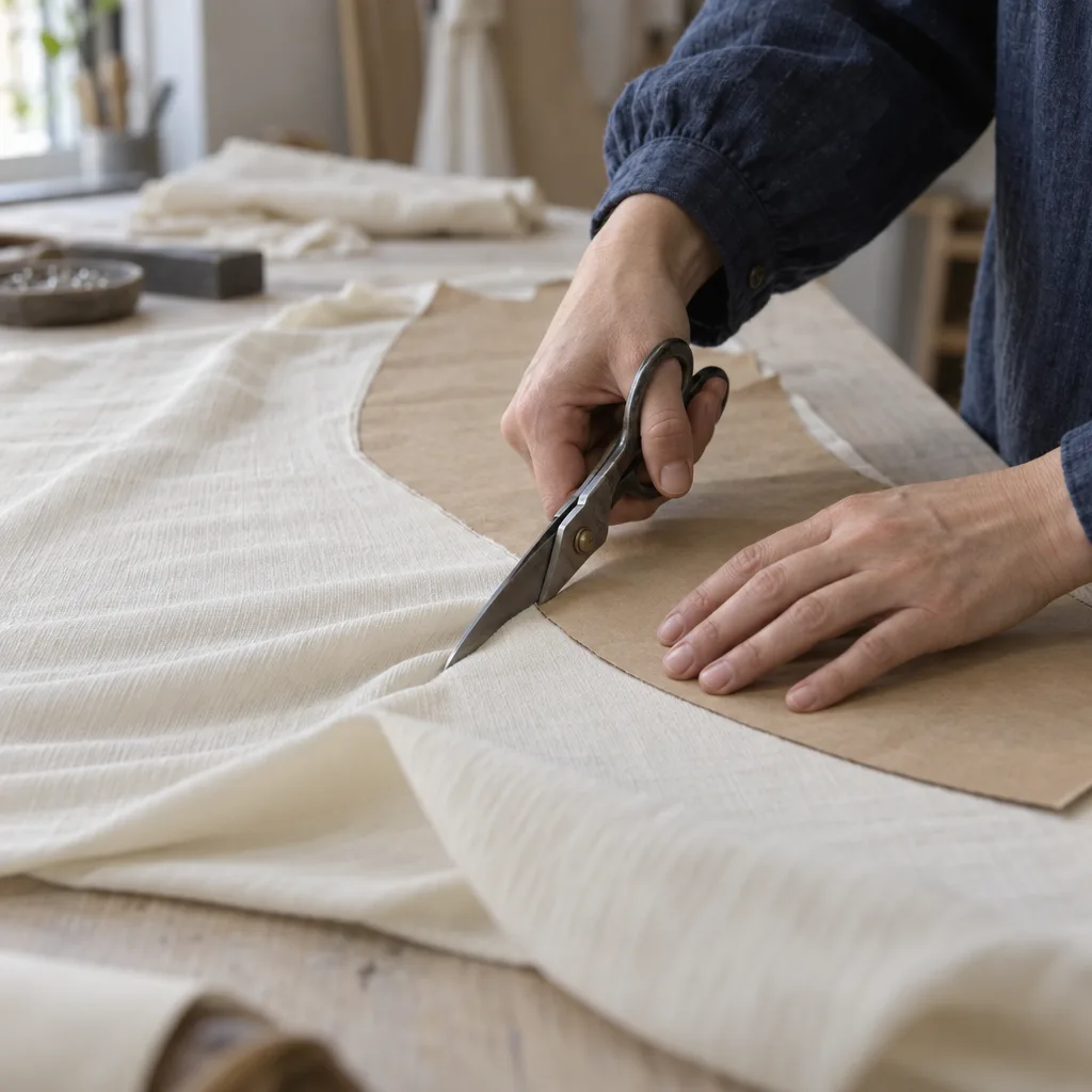 Hands in long indigo sleeves cutting a single layer of cream crepe with steel shears along the edge of a paper pattern.