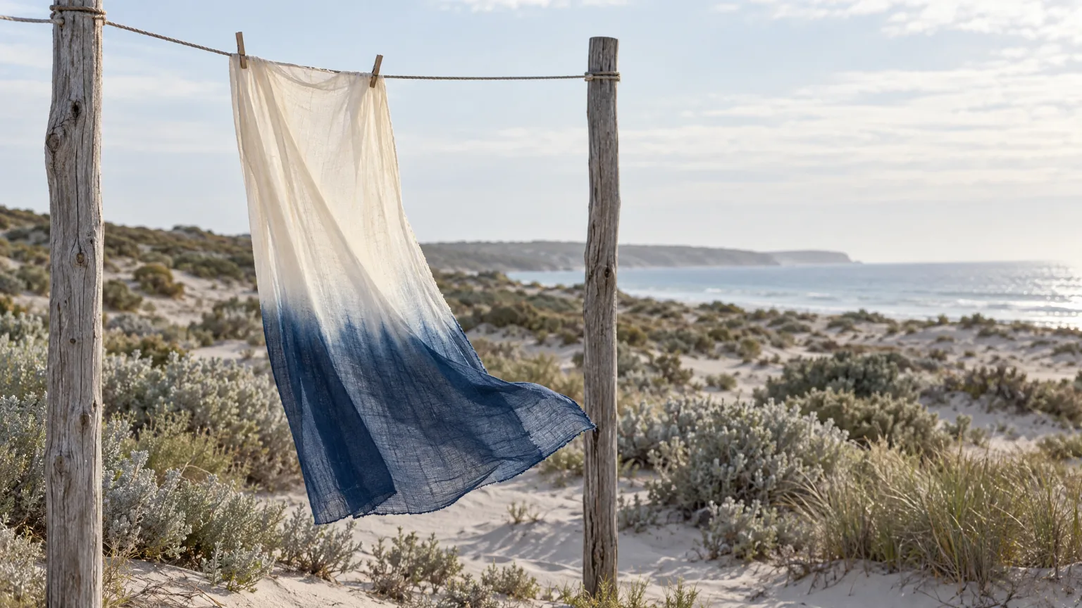 A dip-dyed voile scarf, cream fading to indigo, drying on a line among pale coastal dunes.