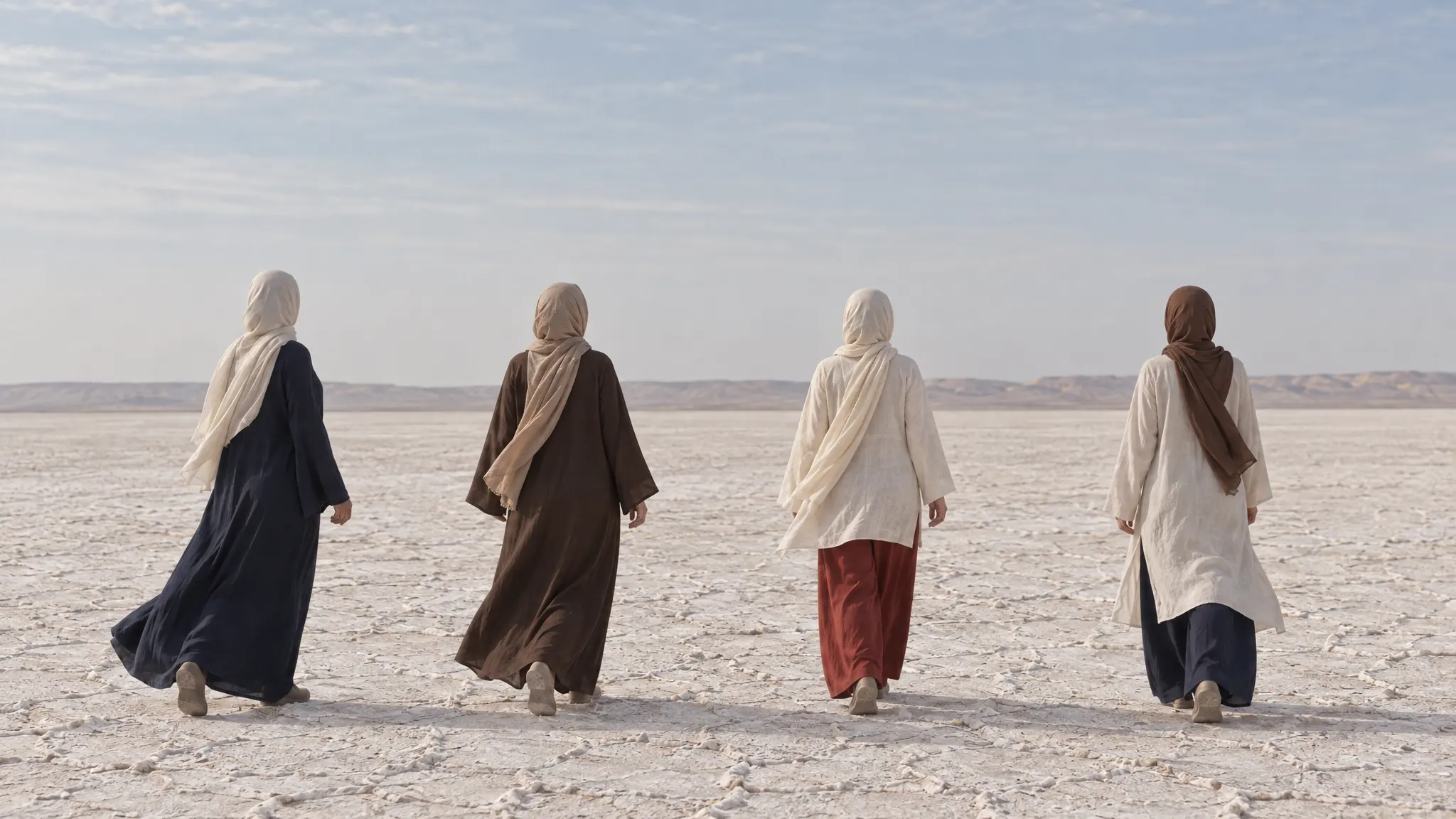Four women walking away across a pale salt lake: a long indigo dress, a walnut abaya, wide madder trousers under a cream top, and a cream tunic over indigo trousers.