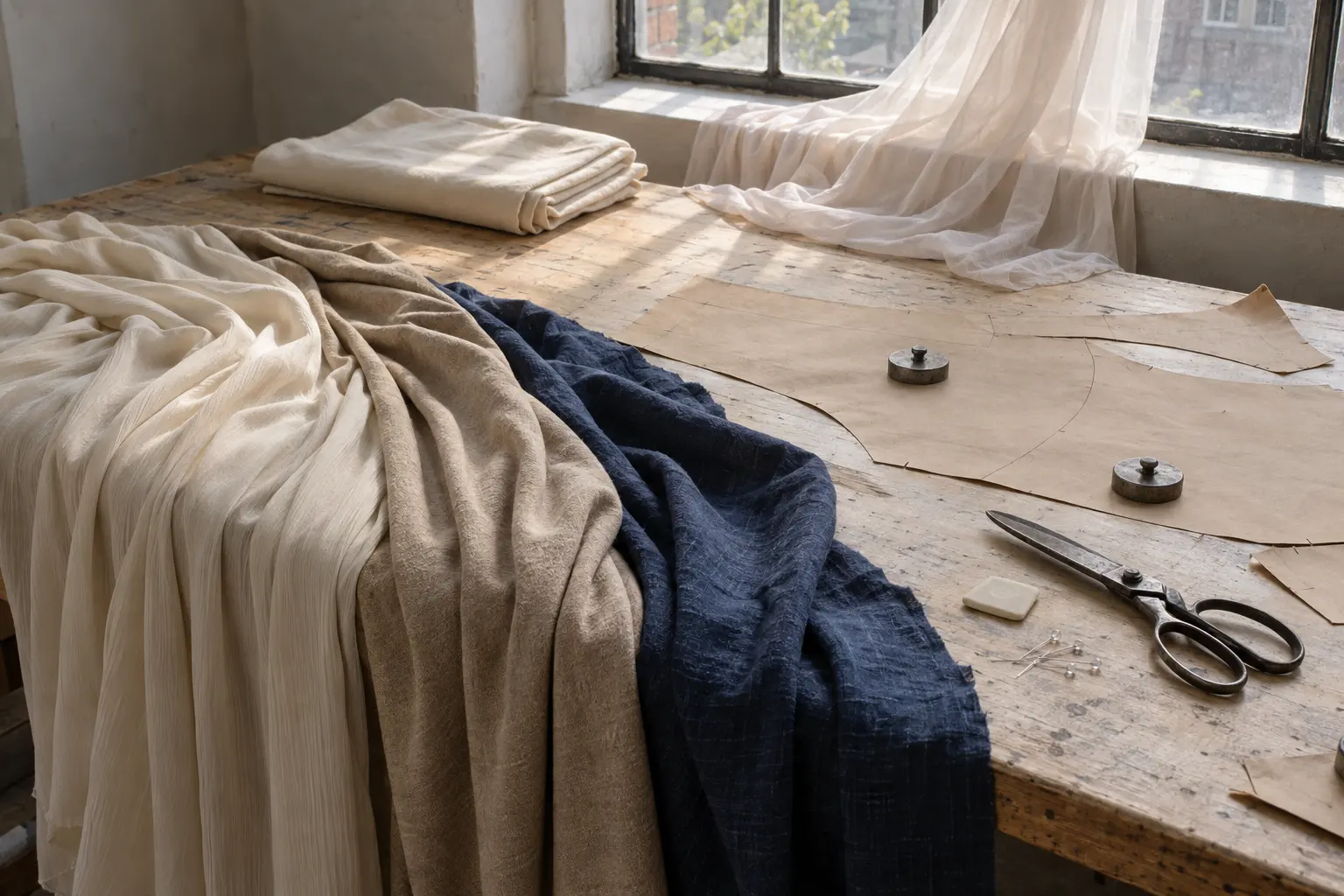 Crepe, jersey, indigo linen and a sheer georgette on the cutting table, the georgette held to the window with the light coming through.