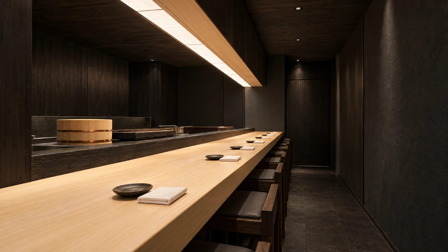The empty hinoki counter from the end seat, stools tucked under and a place set at each
