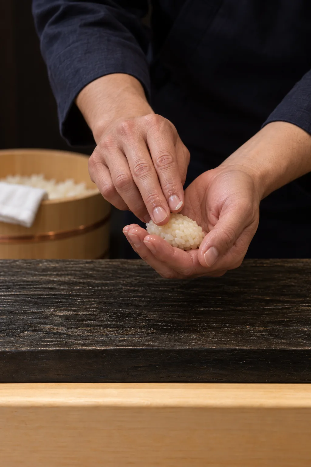 The chef&rsquo;s hands pressing a small portion of warm rice, two fingers on top, the rice tub behind