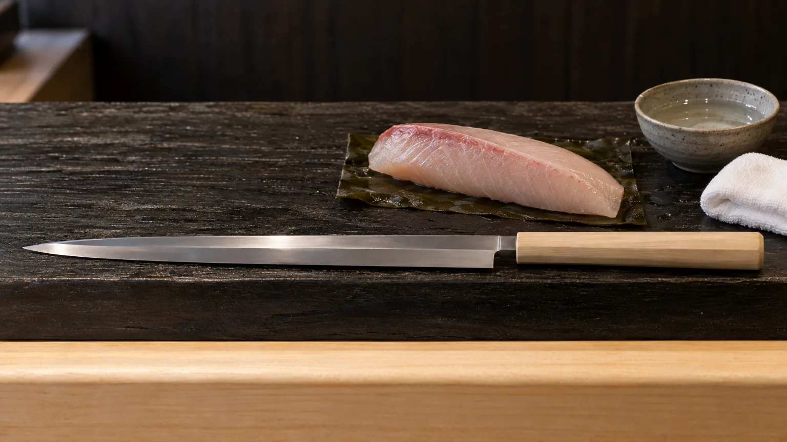 A long slicing knife at rest on the dark board beside a loin of kingfish on kombu and a folded cloth
