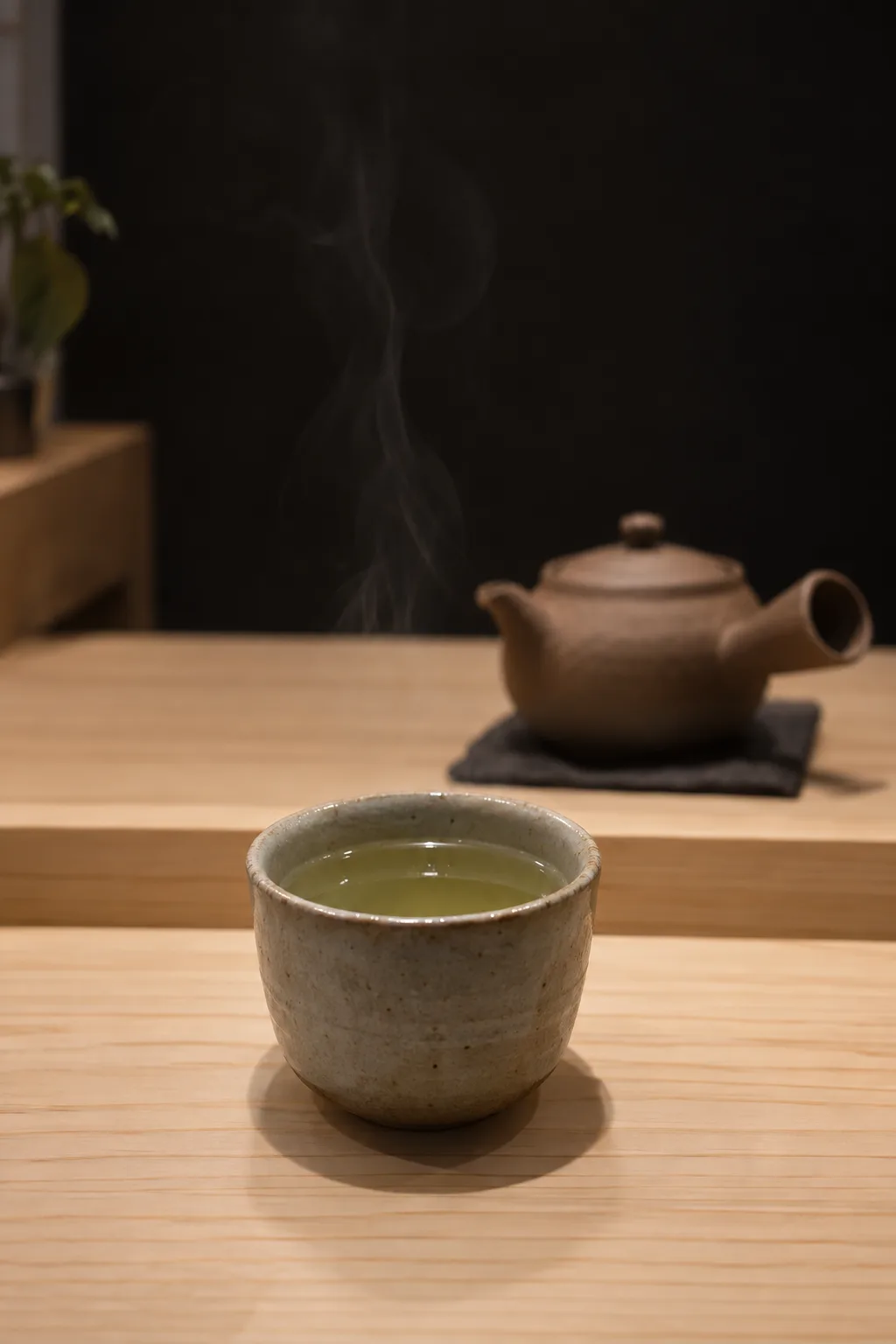 Steam rising from a small grey cup of green tea on the hinoki counter, a clay teapot behind