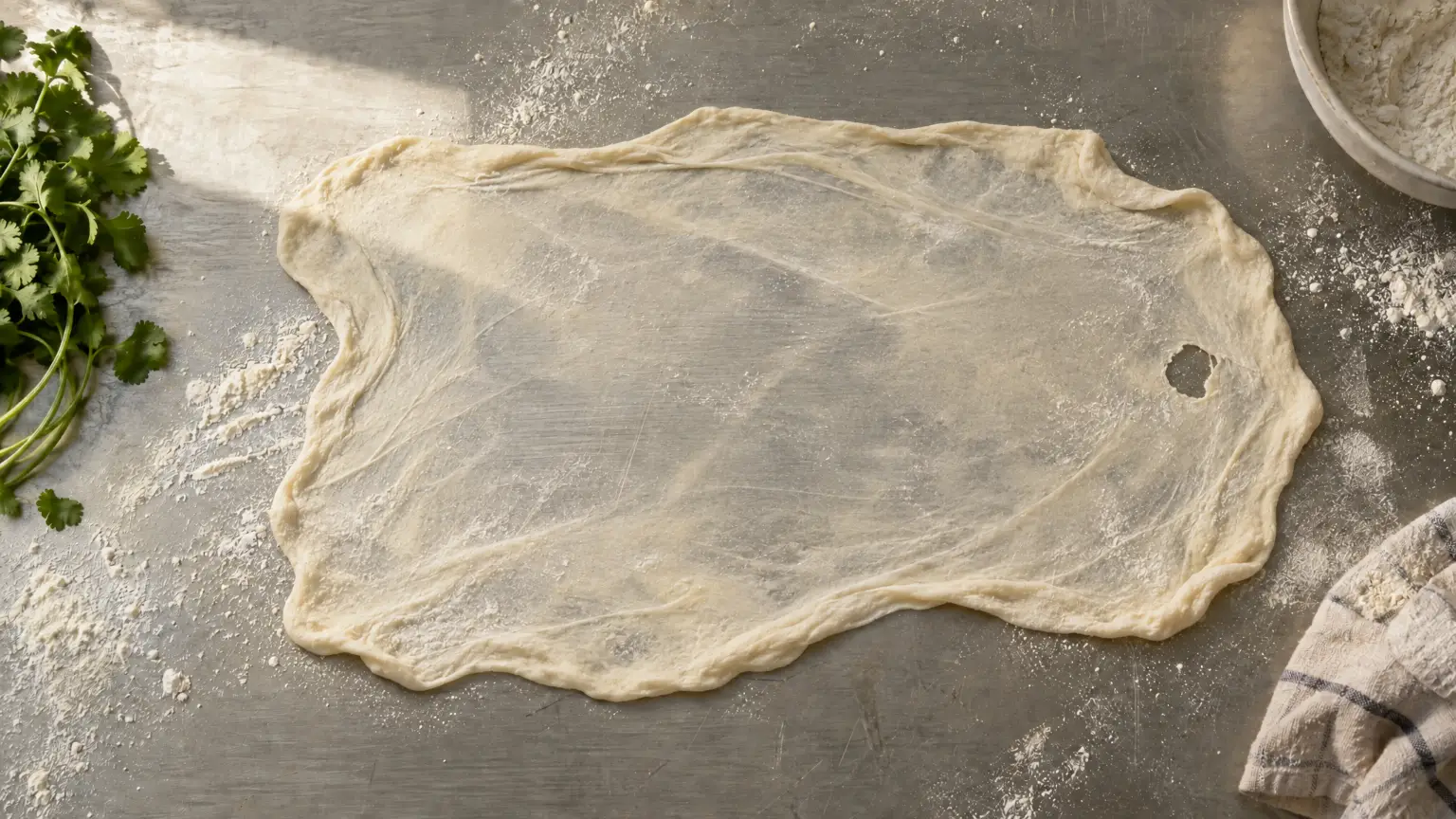 A sheet of flatbread dough stretched thin enough to see the steel through it