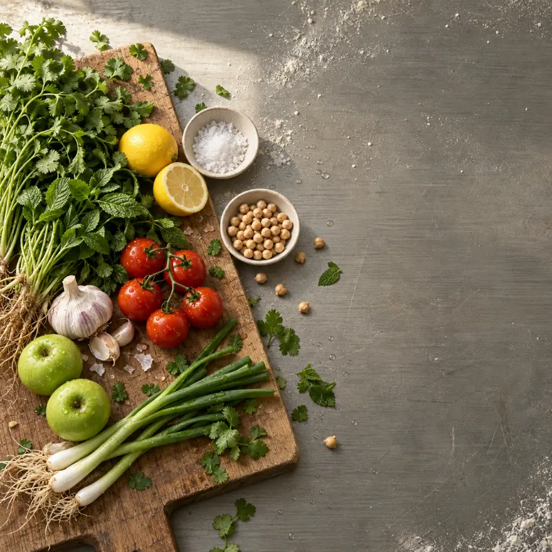 Coriander, mint, lemons, tomatoes, garlic, chickpeas and green apples on a worn board on the steel bench