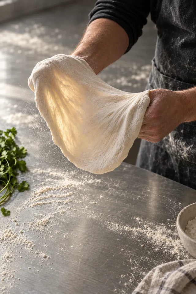 A cook's hands stretching a round of dough over the knuckles above the floured steel bench, window light showing through it