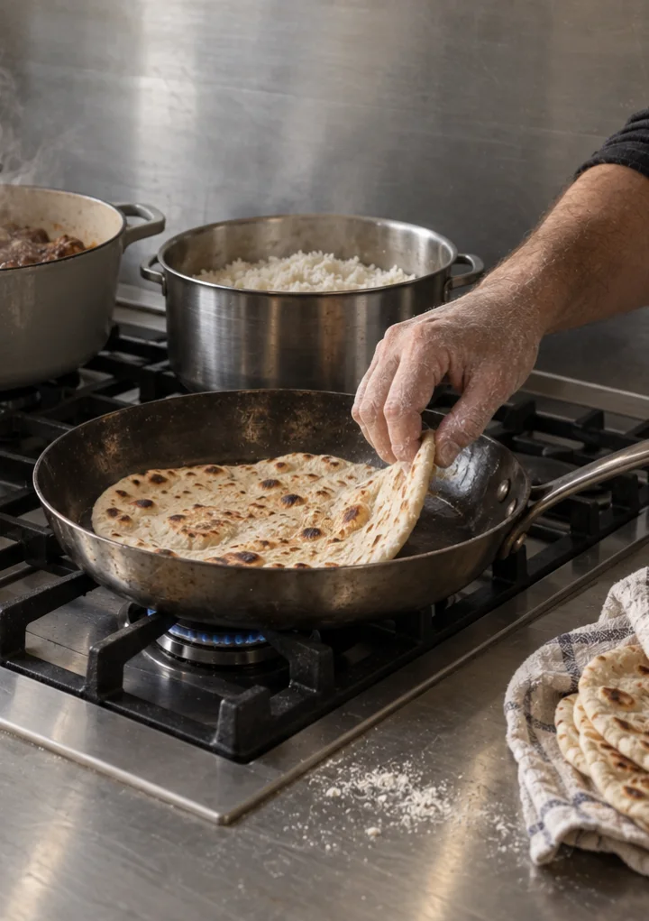 A cook's hand turning a flatbread in a pan on a gas cooktop, a pot of rice behind it and more flatbreads under a tea towel